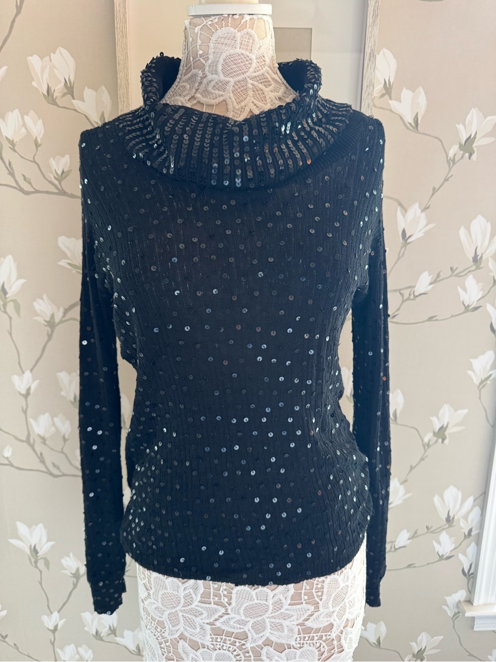 Reba Black Sequin Cowl Neck Sweater